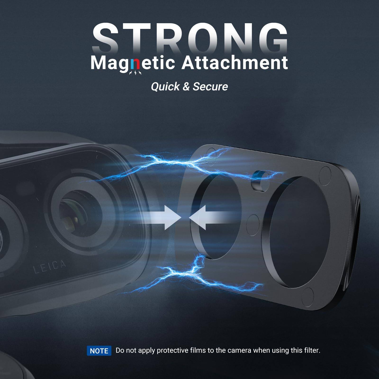 STRONG Magnetic Attachment Quick & Secure

LEICA

NOTE: Do not apply protective films to the camera when using this filter.