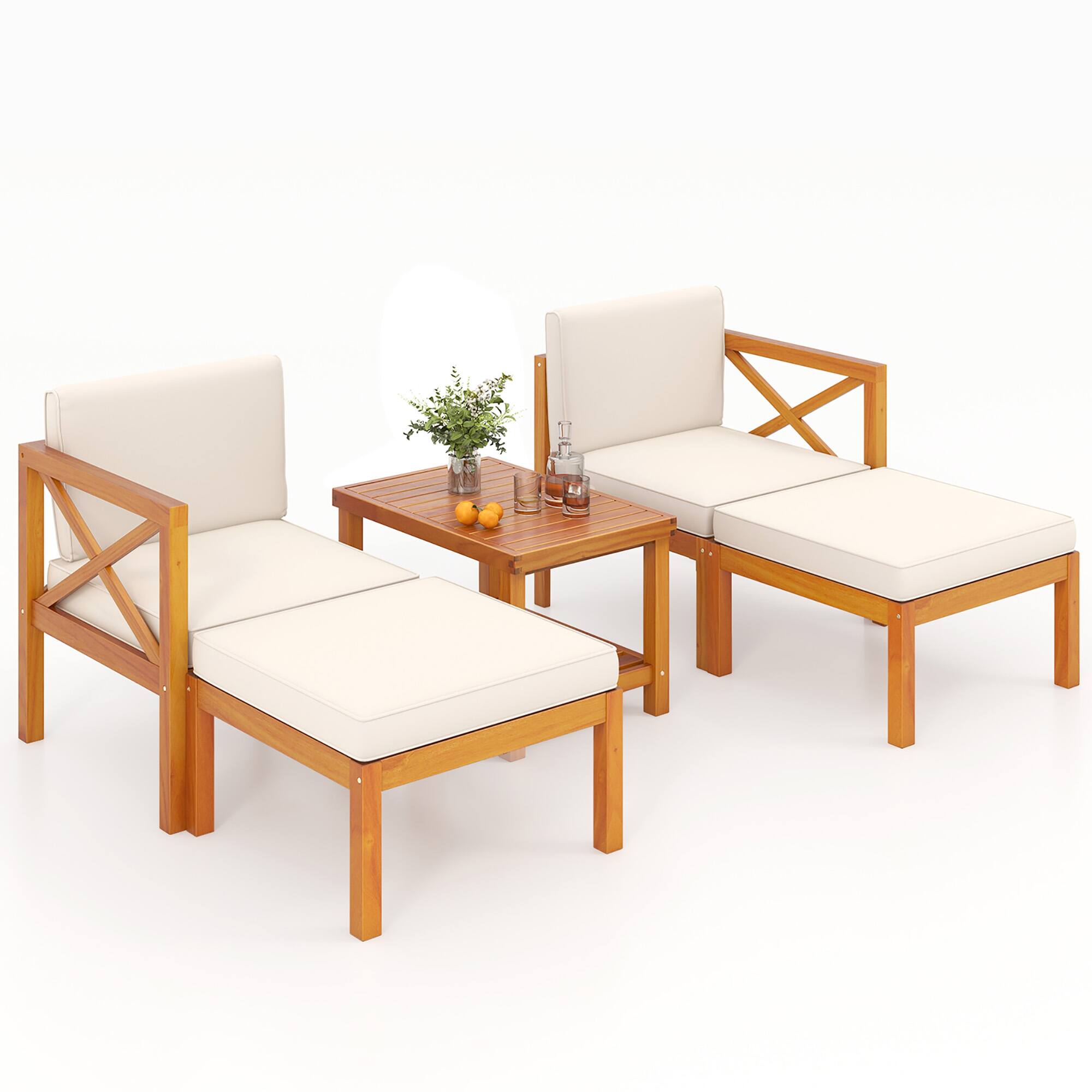 Gymax - 5 PCS Acacia Wood Patio Chaise Lounge Chair Set w/ 2-Tier Coffee Table Cushions - Off White price history on PriceWatchPro