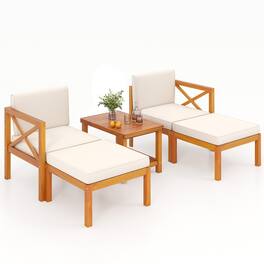 Gymax - 5 PCS Acacia Wood Patio Chaise Lounge Chair Set w/ 2-Tier Coffee Table Cushions - Off White