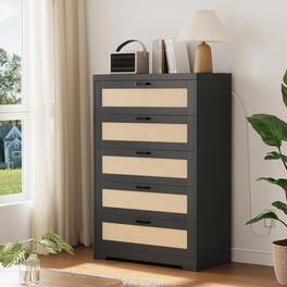 GARVEE - 5 Drawer Wooden Dresser, Modern Rattan Chest with Wide Top, Tall Organizer for Bedroom, Living Room - Black