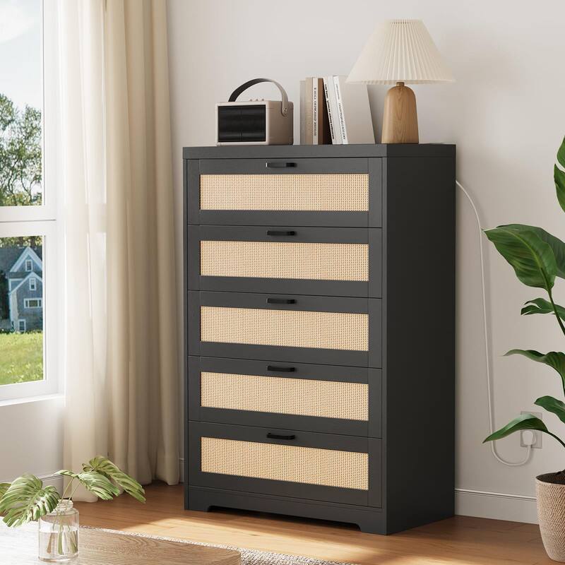 Front. GARVEE - 5 Drawer Wooden Dresser, Modern Rattan Chest with Wide Top, Tall Organizer for Bedroom, Living Room, Black - Black.