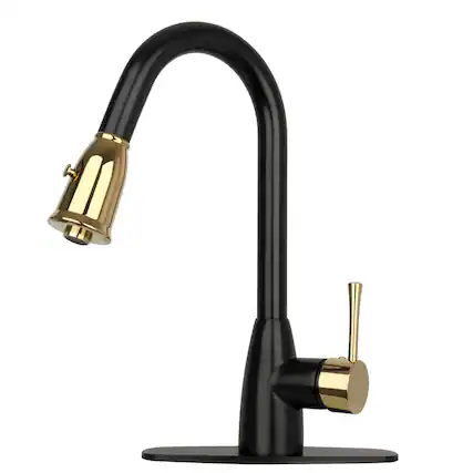 Front. Akicon - Akicon One-Handle Solid Brass Kitchen Faucet with Pull Down Sprayer in Matte Black & Gold - Matte Black & Gold.