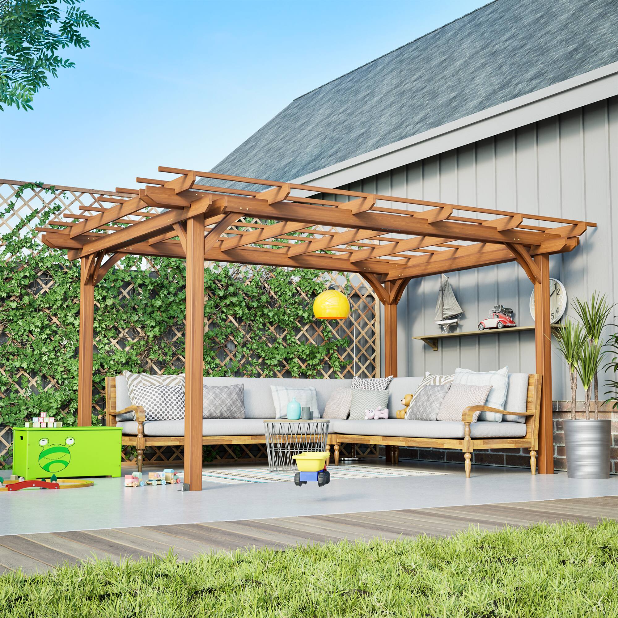 Angle. Mondawe - 12 x 10 FT Outdoor Wooden Grape Pergola - Brown.
