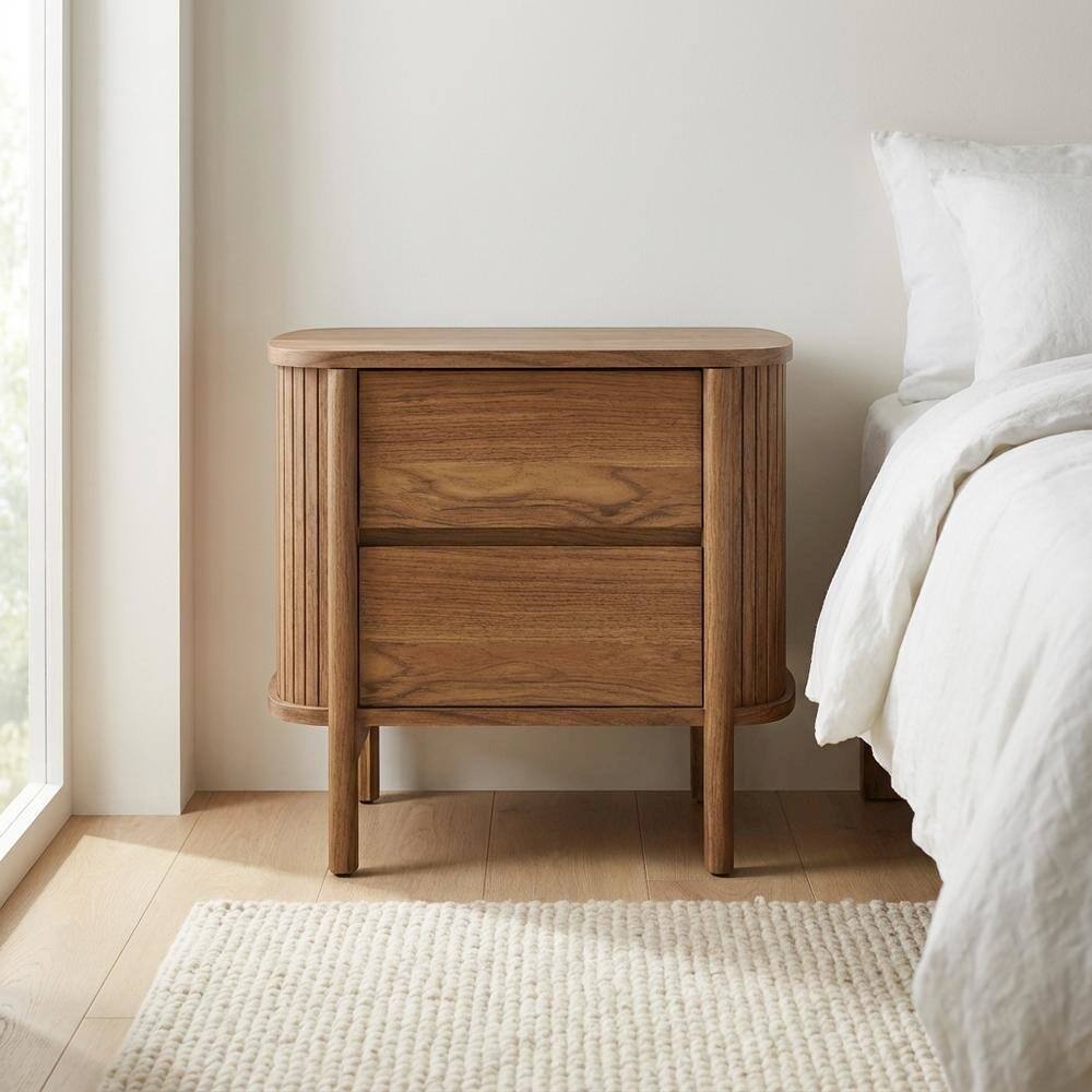 Angle. FurniFact - Nightstand with 2 Drawers and Modern Design for Bedroom Storage - Brown.
