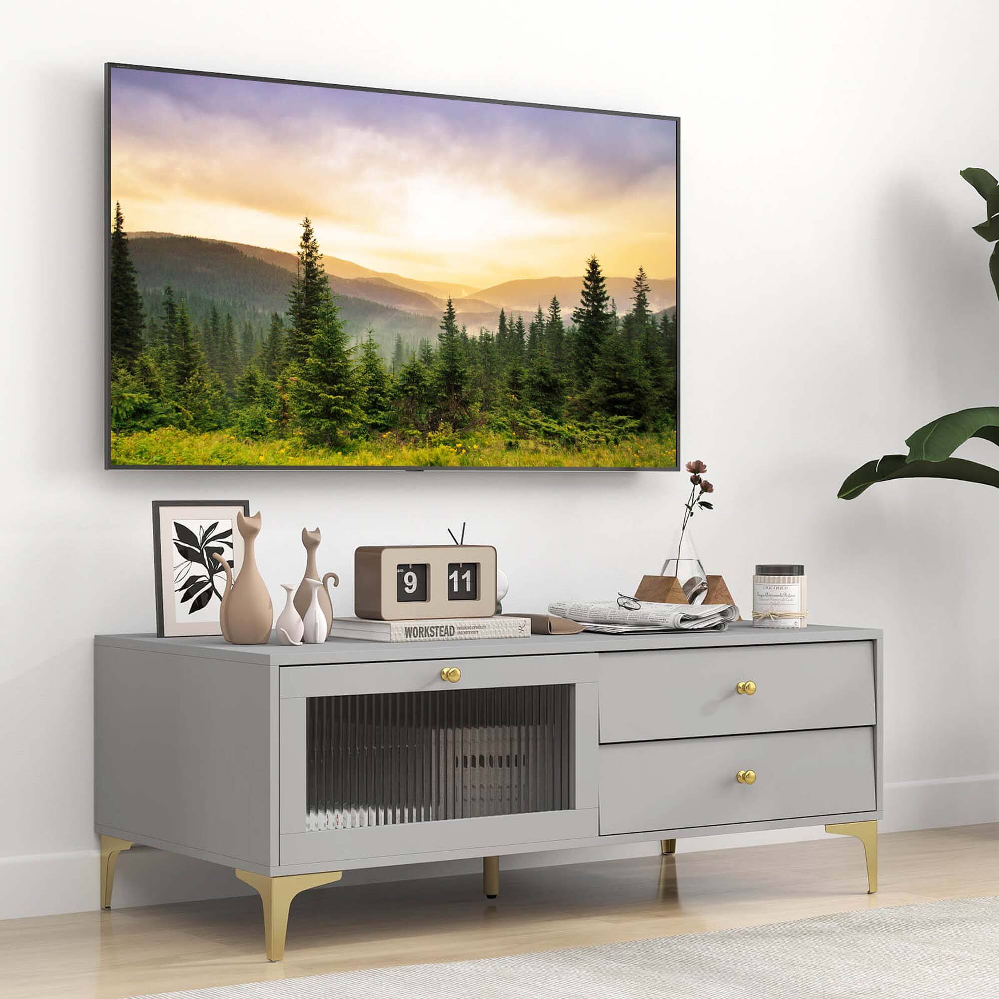 Alt View 3. Costway - Modern TV Stand for 55" TVs with Drop Down Door Cabinet 2 Storage Drawers - Gray.
