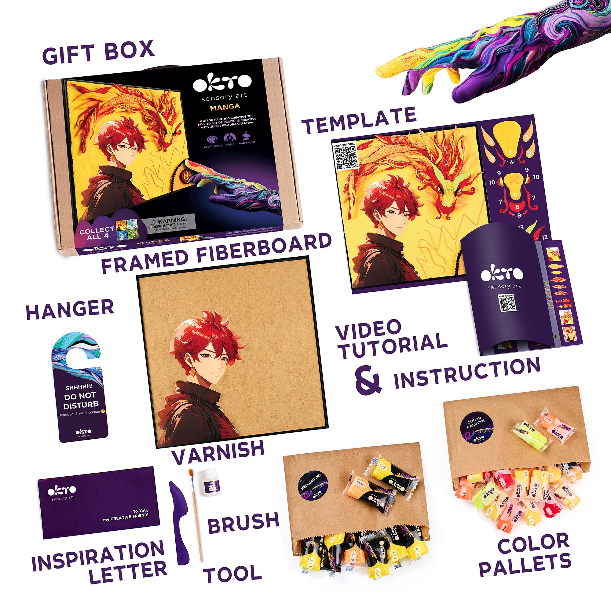 GIFT BOX  
TEMPLATE  
FRAMED FIBERBOARD  
HANGER  
VARNISH  
BRUSH  
INSPIRATION LETTER  
VIDEO TUTORIAL & INSTRUCTION  
COLOR PALLETS