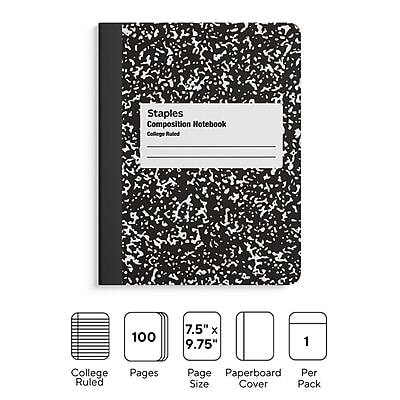 Staples Composition Notebook  
College Ruled  
100 Pages  
7.5" x 9.75"  
Paperboard Cover  
1 Per Pack