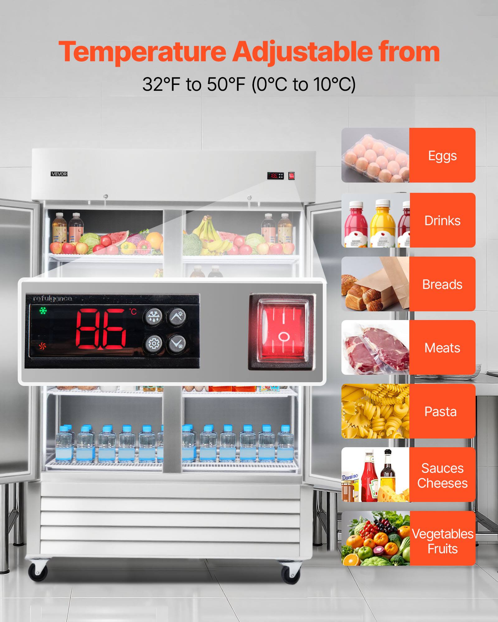 Temperature Adjustable from 32F to 50F (0C to 10C)

- Eggs
- Drinks
- Breads
- Meats
- Pasta
- Sauces
- Cheeses
- Vegetables
- Fruits