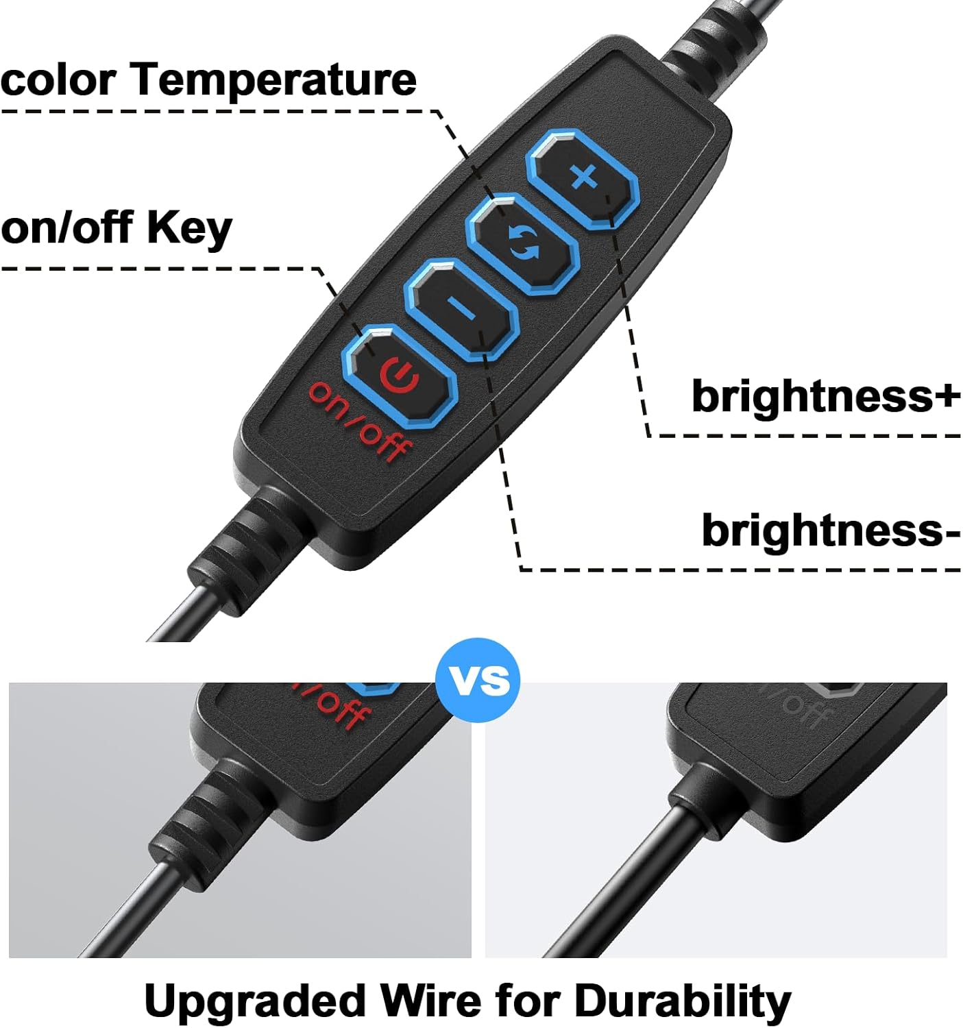 - color Temperature
- on/off Key
- brightness+
- brightness-

VS

Upgraded Wire for Durability