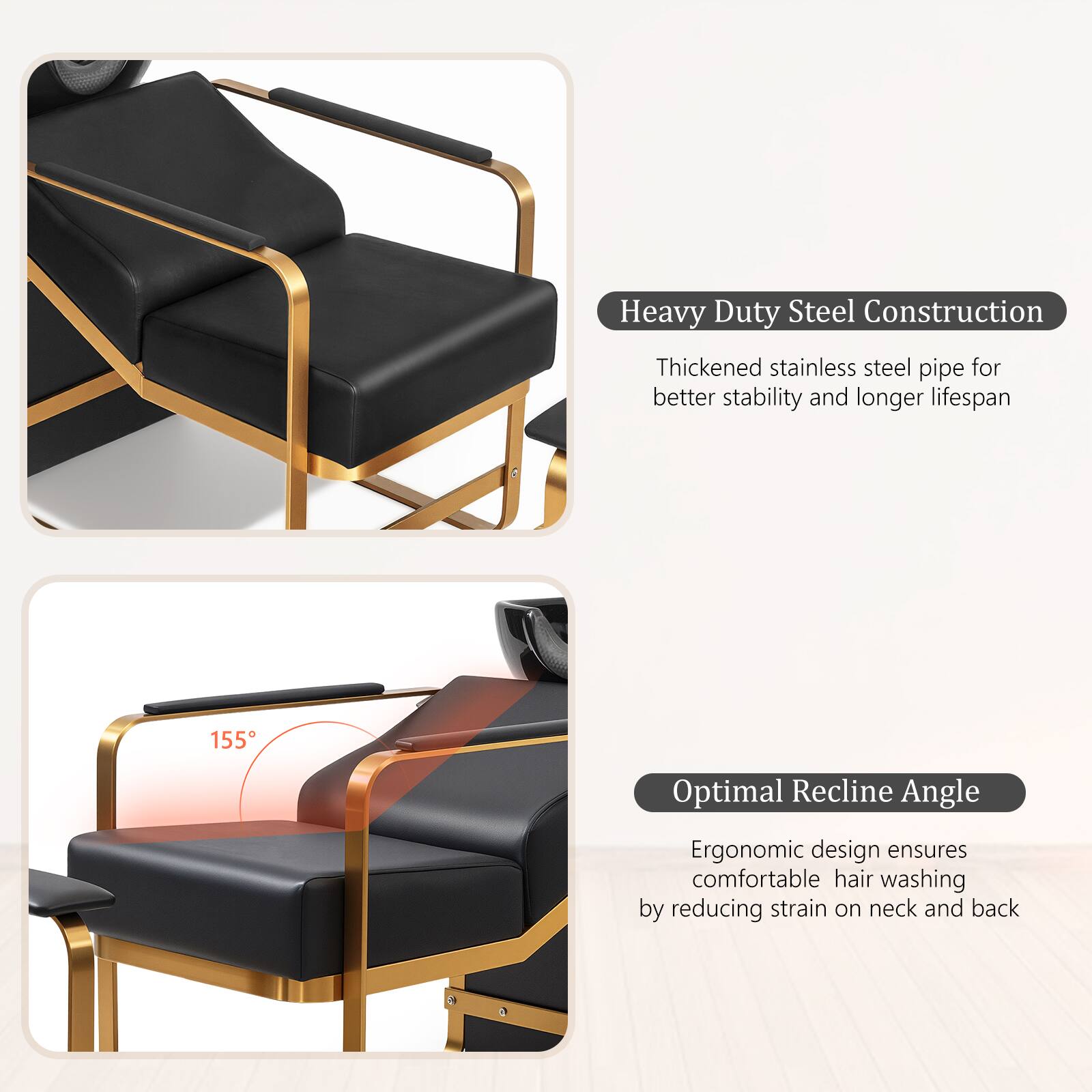 Heavy Duty Steel Construction  
Thickened stainless steel pipe for better stability and longer lifespan  

Optimal Recline Angle  
Ergonomic design ensures comfortable hair washing by reducing strain on neck and back