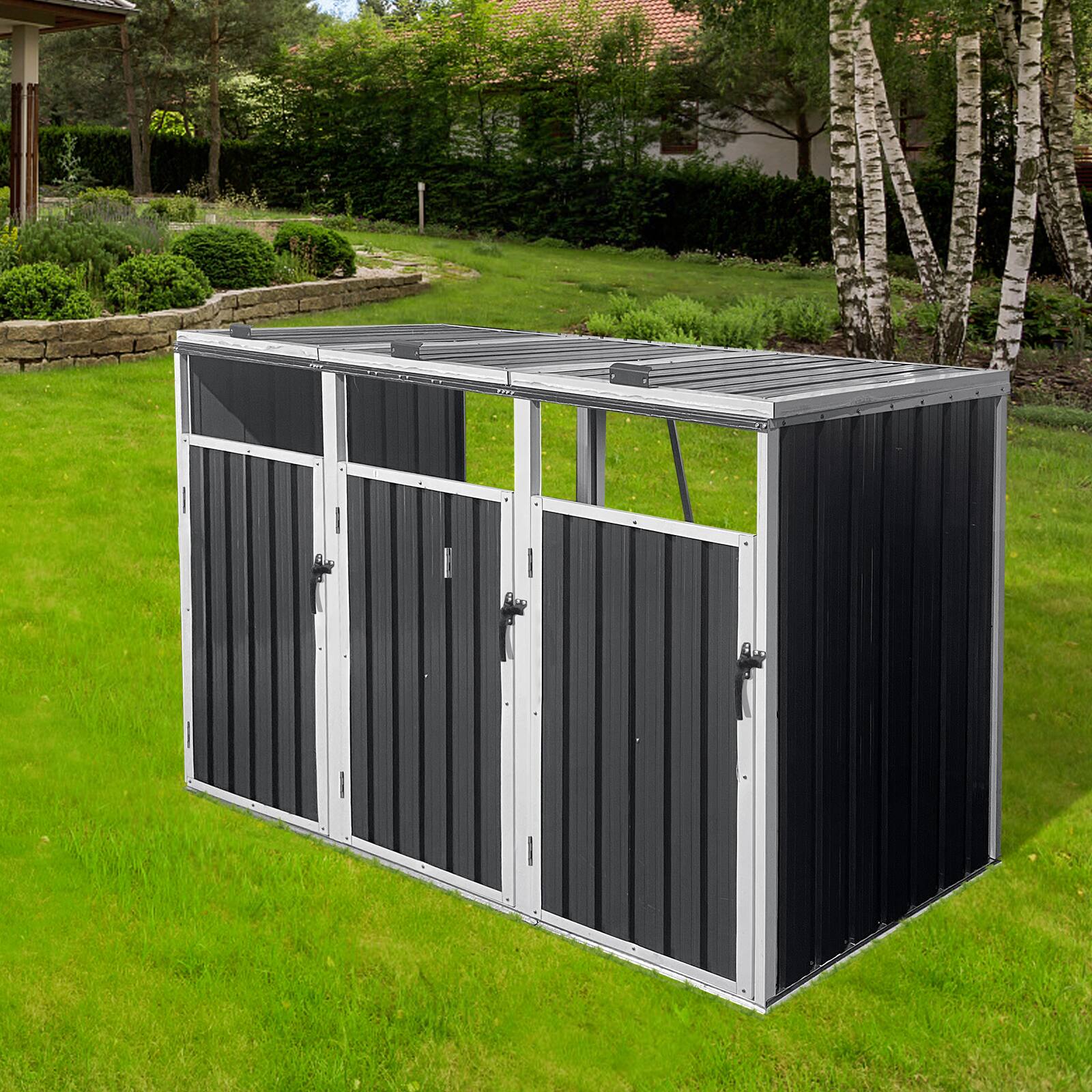 Back. Mondawe - 3 Trash Cans Metal Outdoor Bin Shed - Dark Grey.