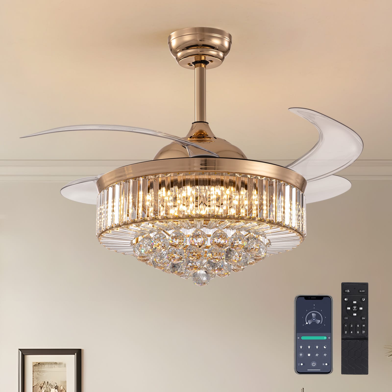 Siljoy - 42 Inch Crystal Retractable Ceiling Fan with LED Light Remote and App Control for Living Room Bedroom and Kitchen - Gold
