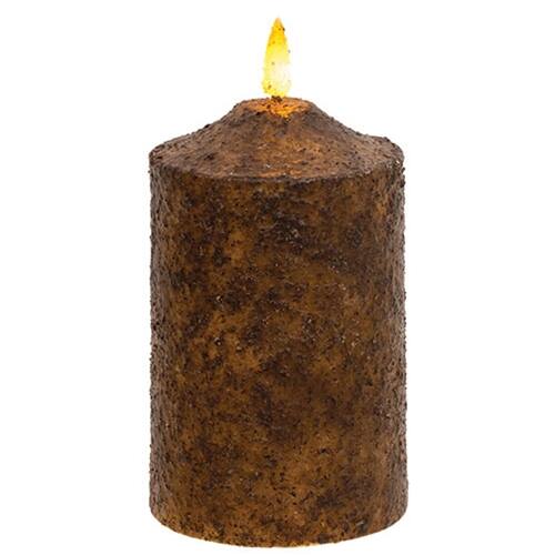 Front. BreeBe - Burnt Mustard Flicker Flame Timer Cake Pillar - 5" - Mustard.