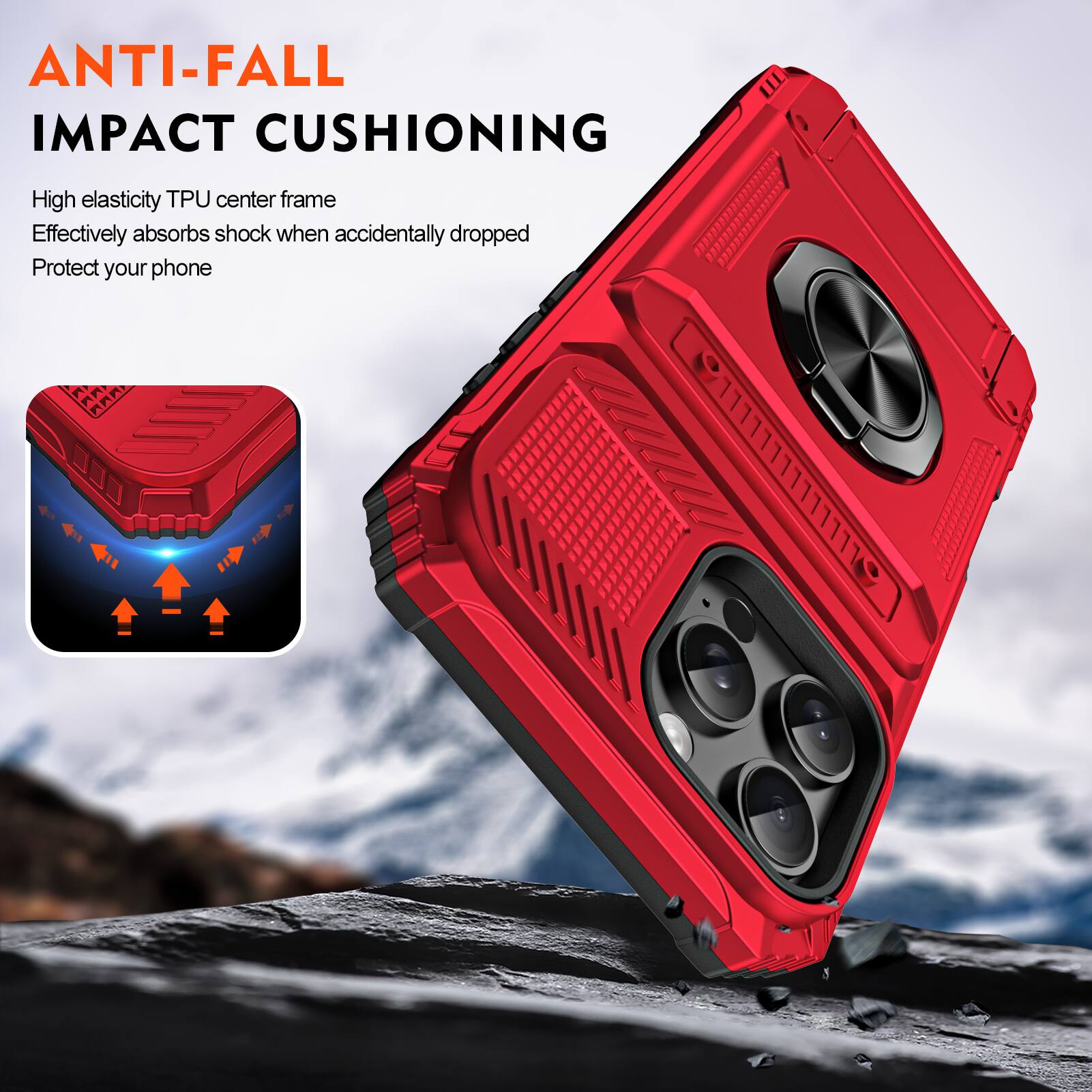 ANTI-FALL IMPACT CUSHIONING

High elasticity TPU center frame
Effectively absorbs shock when accidentally dropped
Protect your phone