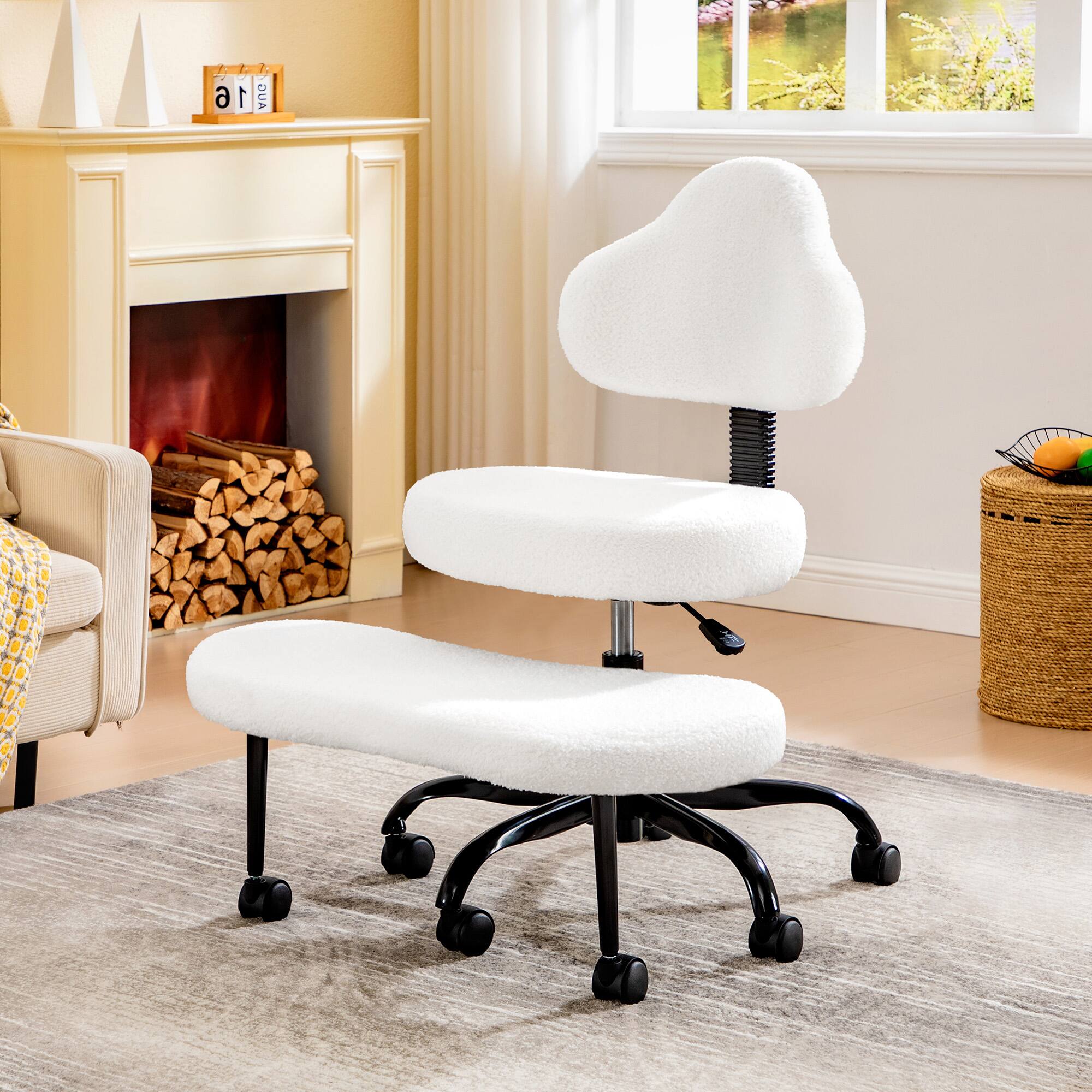 Front. KERDOM - Ergonomic Cross-Legged Office Chair with Wheels, Meditation & Kneeling Chair for Adult, Wool Wide Seat 360° Swivel - Wool White.