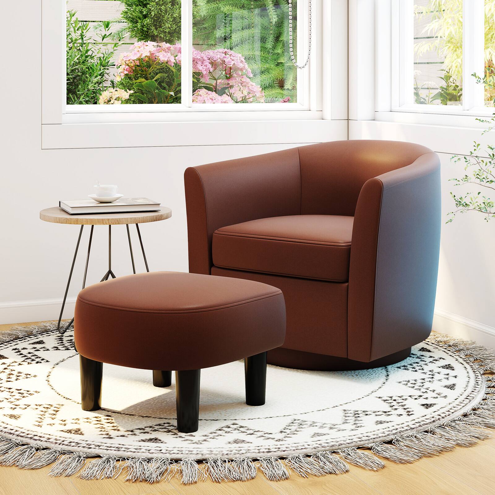 Alt View 1. Costway - Costway Swivel Barrel Chair with Ottoman Footrest Curved Backrest & Armrests Living Room - Brown.