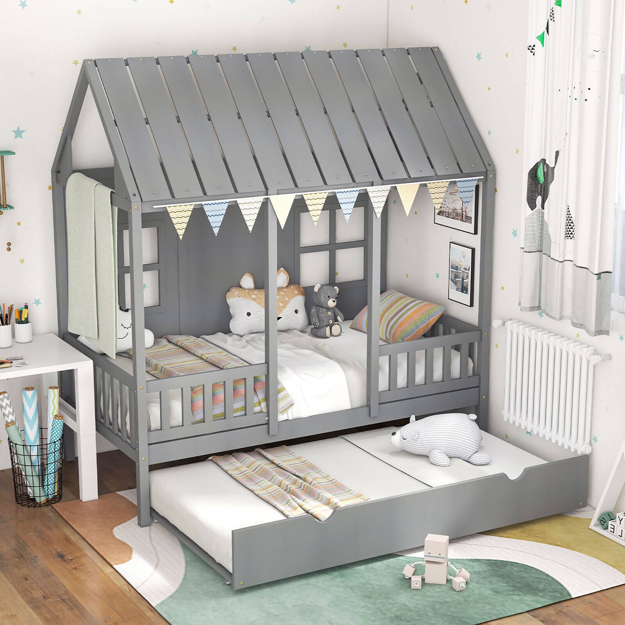 Alt View 3. Gymax - Gymax Twin Size House Bed with Trundle Fence Decor Wooden Windows Tall Roof Gray - Gray.