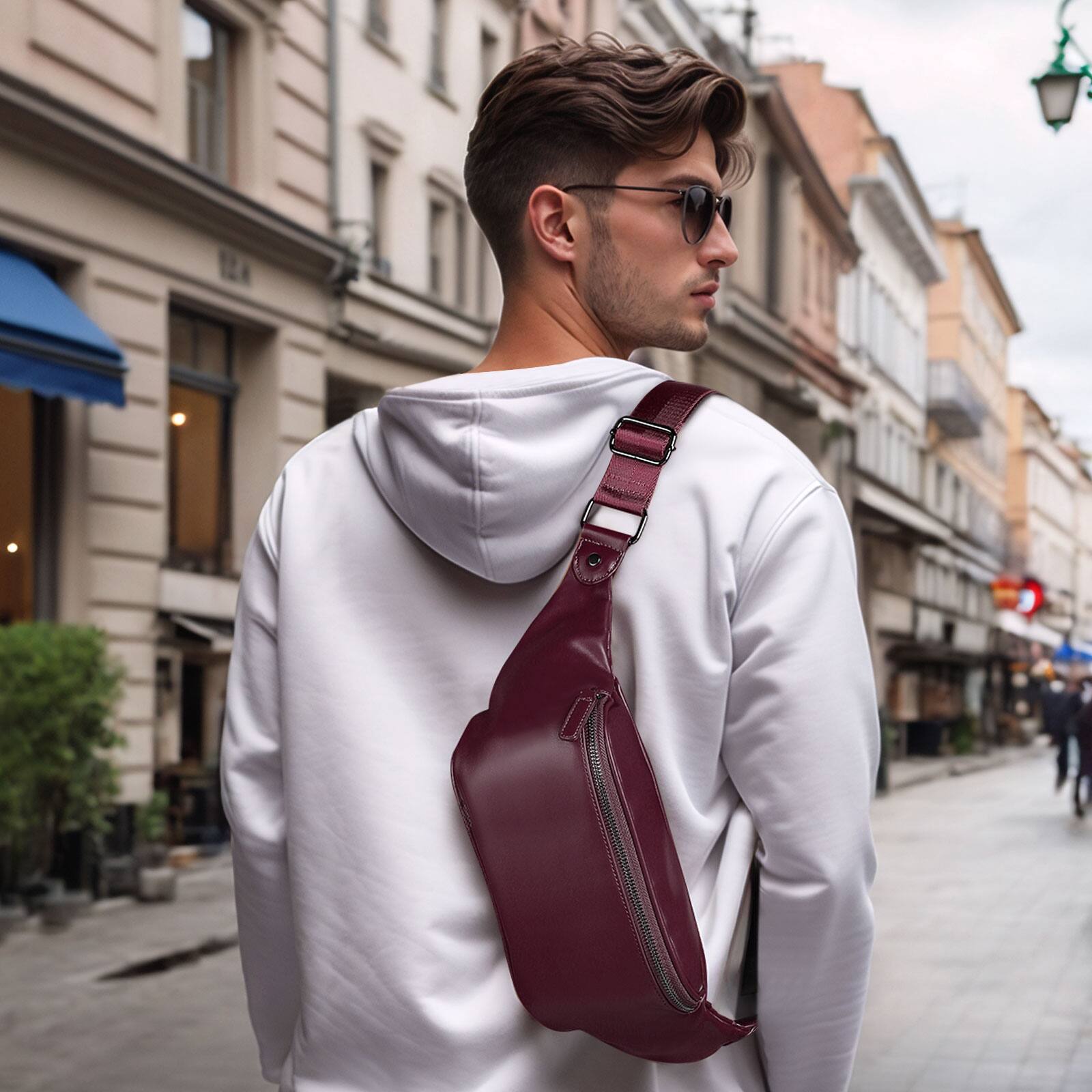 Alt View 1. Unique Bargains - Soft Faux Leather Fanny Pack Crossbody Waist Pack with Adjustable Strap Large Pocket Sturdy Zippers for Travel Hiking - Long Purple.