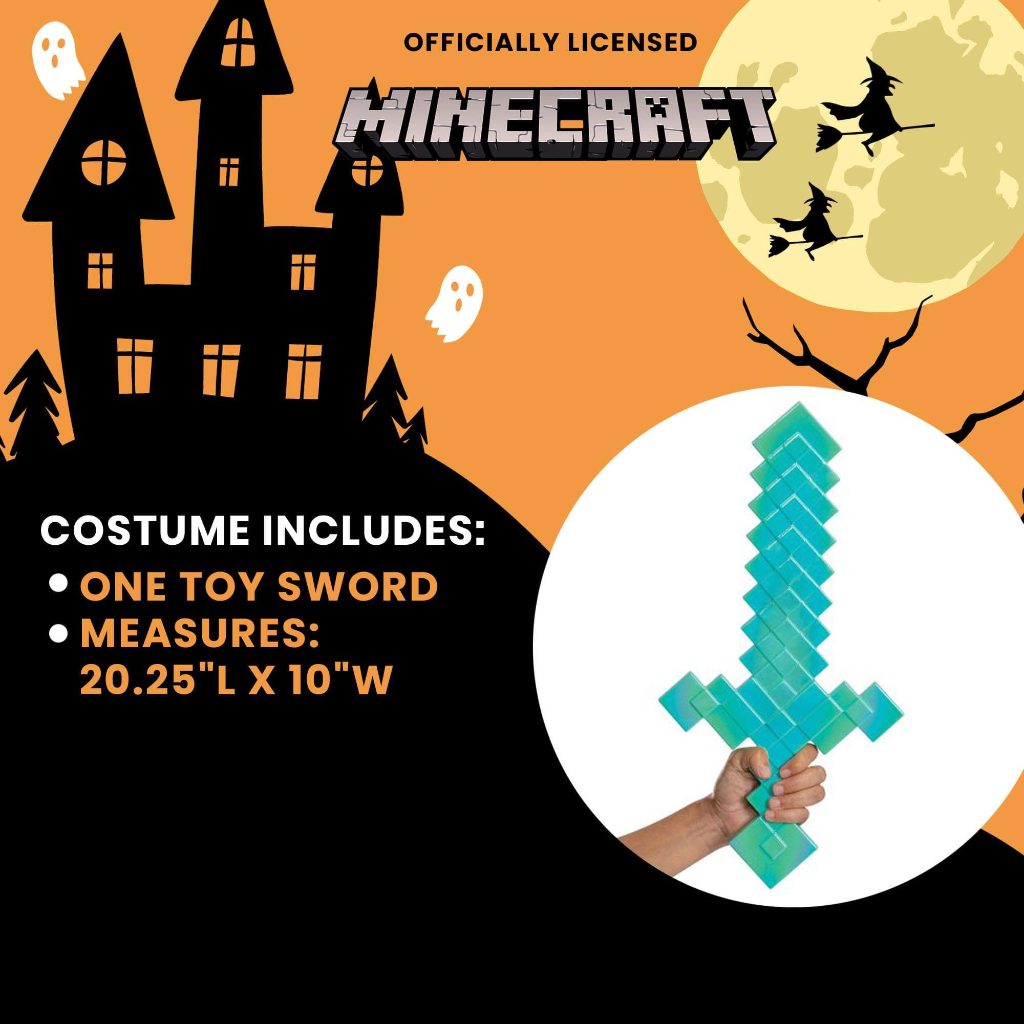 OFFICIALLY LICENSED MINECRAFT COSTUME INCLUDES:  
- ONE TOY SWORD  
- MEASURES: 20.25"L X 10"W