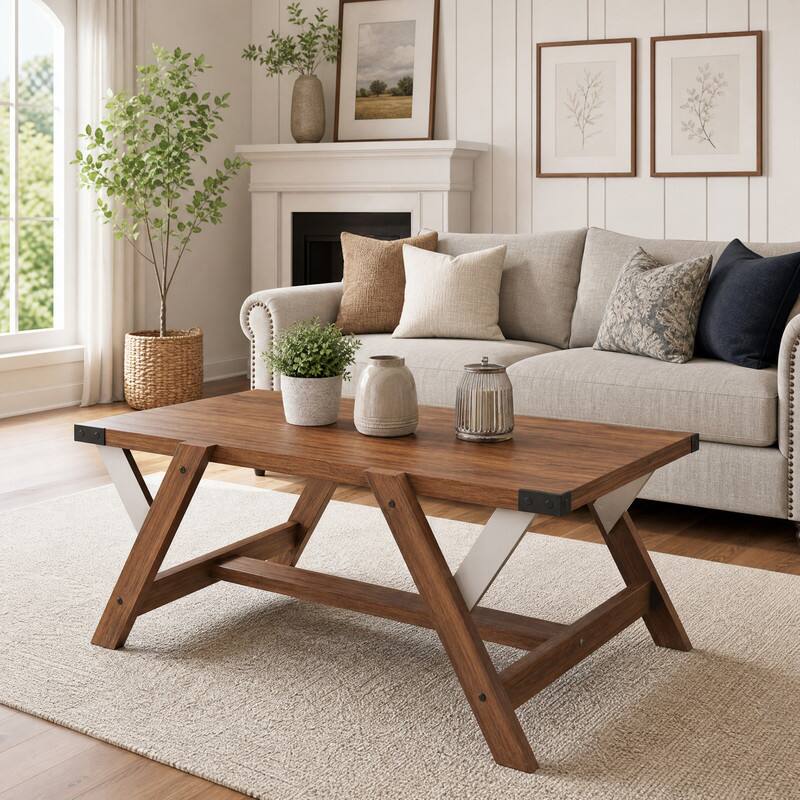 Angle. WELLFOR - Farmhouse Coffee Table with Decorative Nailhead Accents, Rectangular Center Table for Living Room - Walnut.