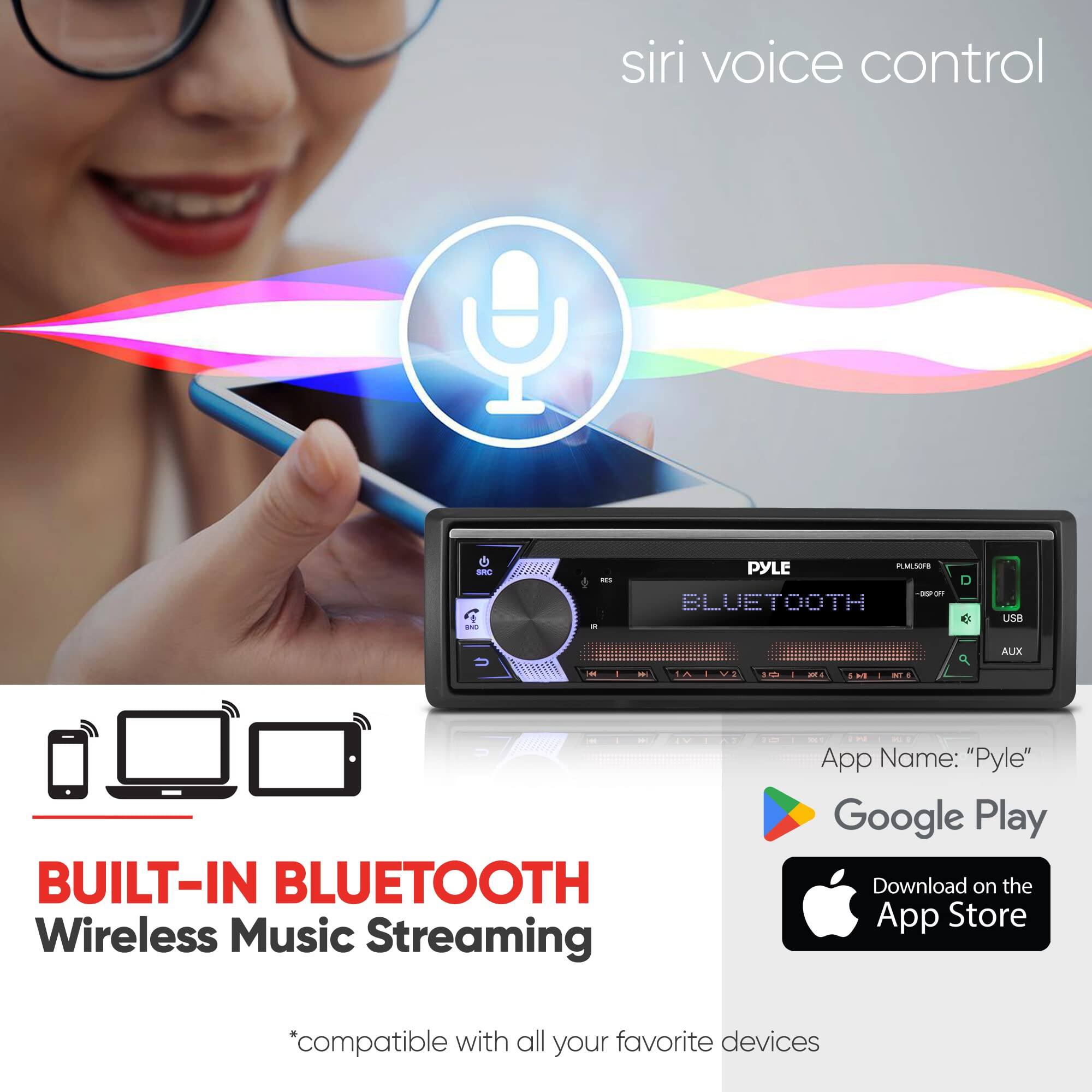 siri voice control

BUILT-IN BLUETOOTH  
Wireless Music Streaming

*compatible with all your favorite devices

App Name: "Pyle"  
Google Play  
Download on the App Store
