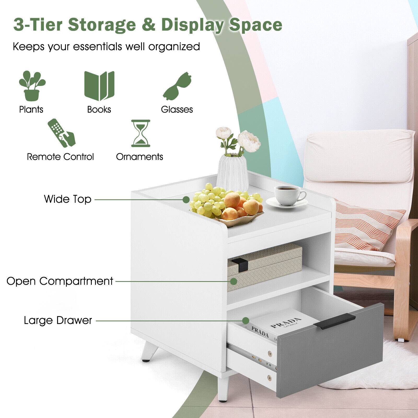3-Tier Storage & Display Space, Keeps your essentials well organized, Plants, Books, Glasses, Remote Control, Ornaments, Wide Top, Open Compartment, Large Drawer, PRADA, Coc, PRADA