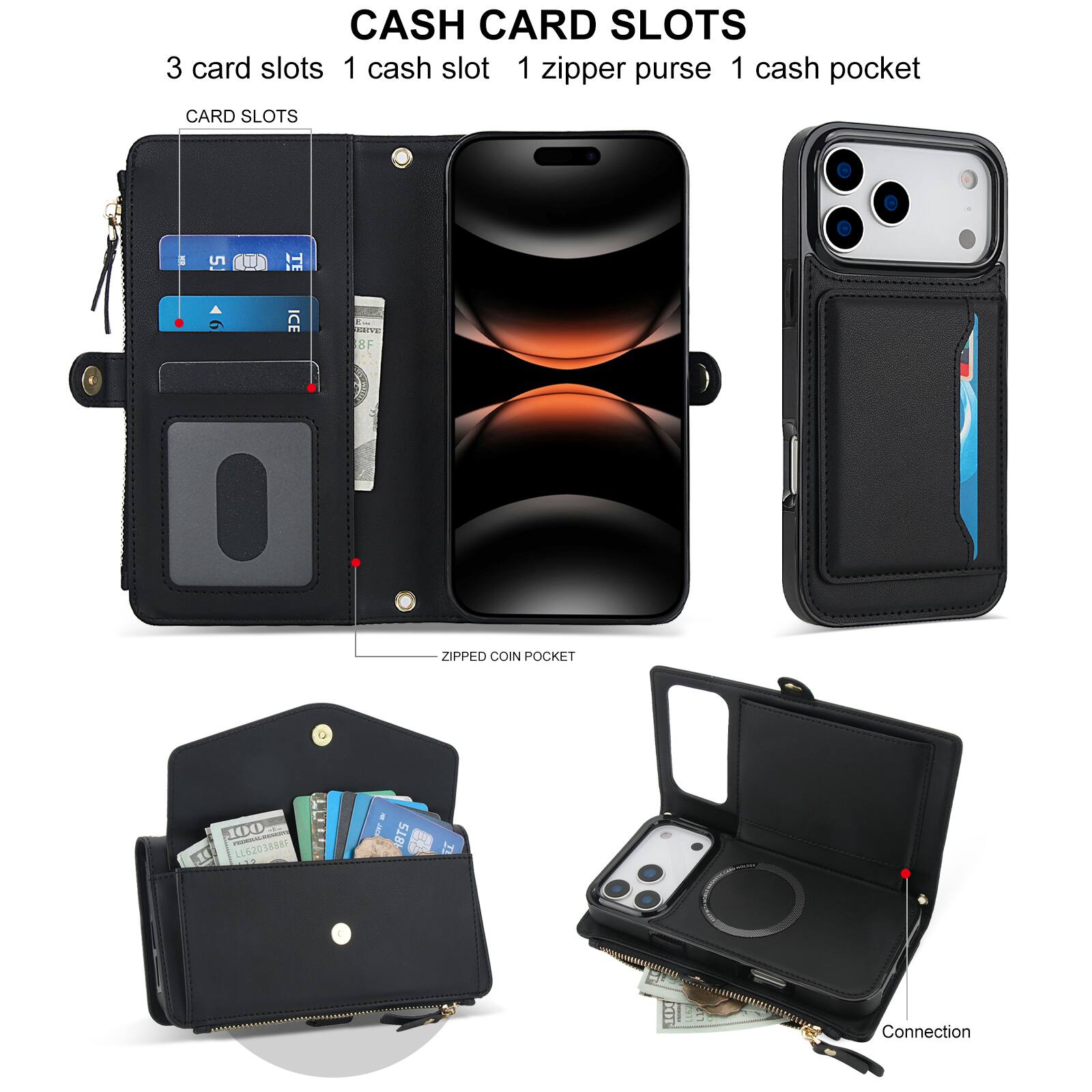 CASH CARD SLOTS  
3 card slots  
1 cash slot  
1 zipper purse  
1 cash pocket  

CARD SLOTS  

ZIPPED COIN POCKET  

Connection