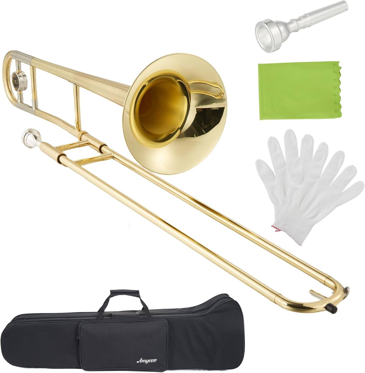 Front. Homhougo - B-Flat Alto Trombone, Nickel-Plated Brass with Mouthpiece, Case & Cleaning Kit for Beginners - Gold.