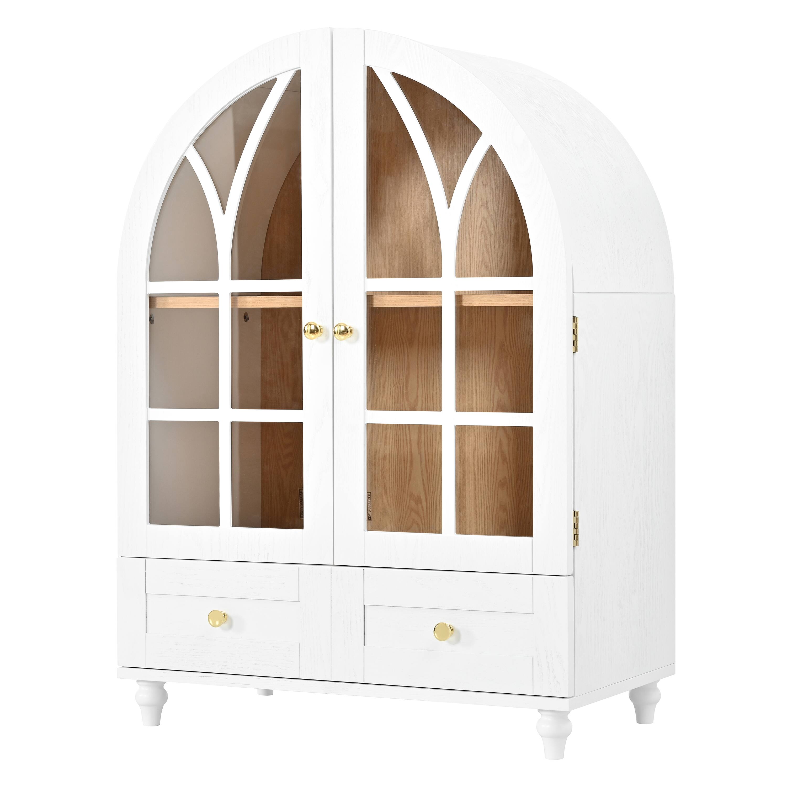 Alt View 2. Loheer - Loheer Arched Display Cabinet with Glass Doors, Wood Storage Accent Cabinet with Drawers for Living Room - Natural Wood Grain.