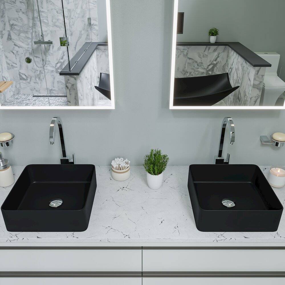 Back. Alfi - Black Matte 16" Modern Square Above Mount Ceramic Sink - Black.