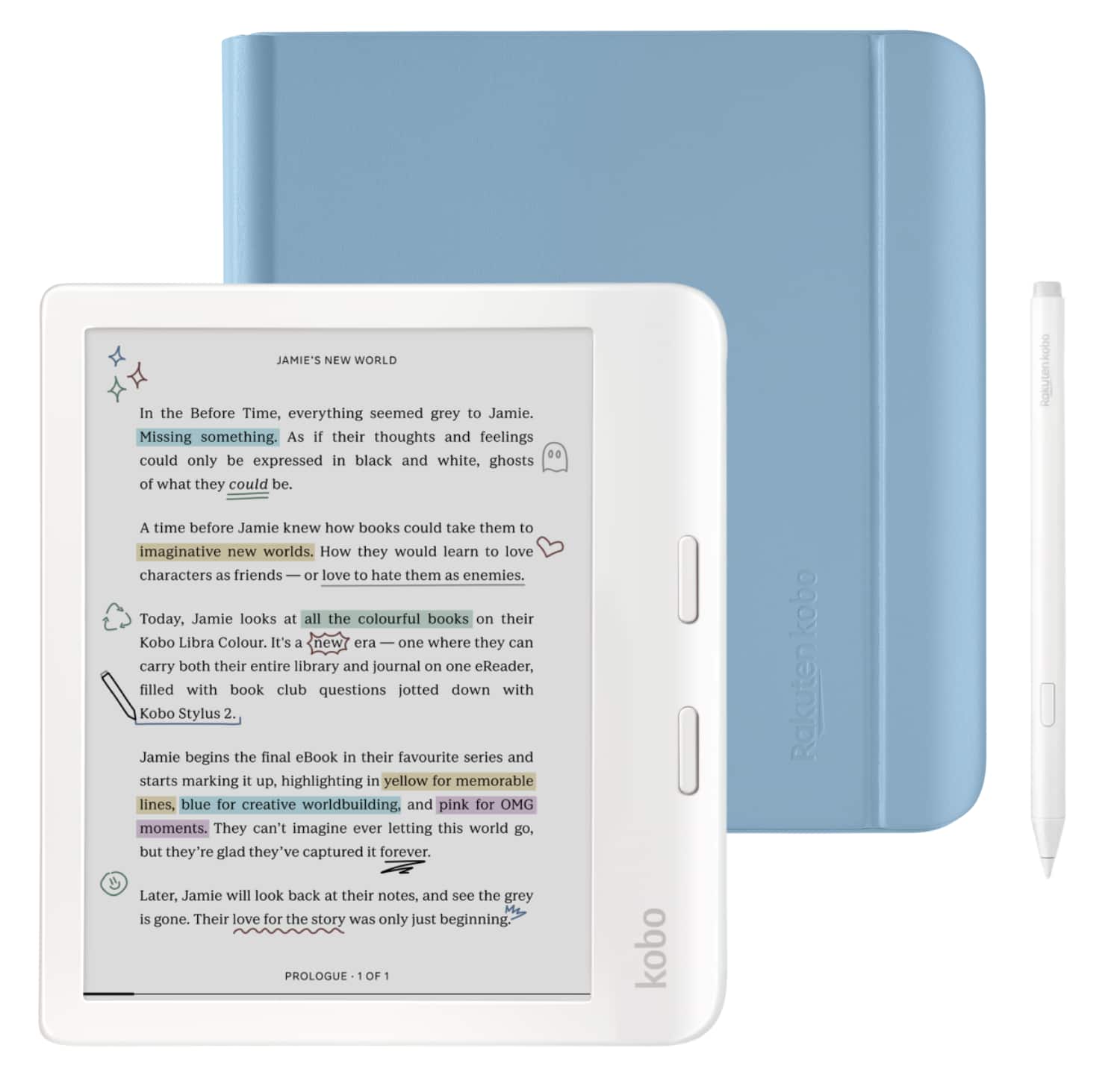 Kobo - Libra Colour (White) eReader with White Stylus 2Gen Bundle - 2024 - Dusk Blue Notebook SleepCover