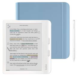 Kobo - Libra Colour (White) eReader with White Stylus 2Gen Bundle - 2024 - Dusk Blue Notebook SleepCover