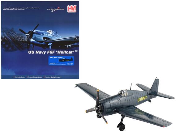 Sure, here is the corrected and grouped text from the image:
---
**US Navy F6F "Hellcat"™**
**F6F-5 "Blue Angels"**
- US Navy 1946
- Delivered to Squadrons for Fleet Training
- 1:72 Scale
- Authentic Scale
- Die-cast Display Model
- Premium Quality Product
**Hobby Master Limited**
**1:72 AIR-POWER SERIES**
**H.M. HOBBY MASTER**
**FGF "Hellcat"™** is a registered trademark of Northrop Grumman Corporation and is used under license to Hobby Master Limited.
**HA1121**
---
This text includes all the relevant details from the image, grouped and corrected for clarity.