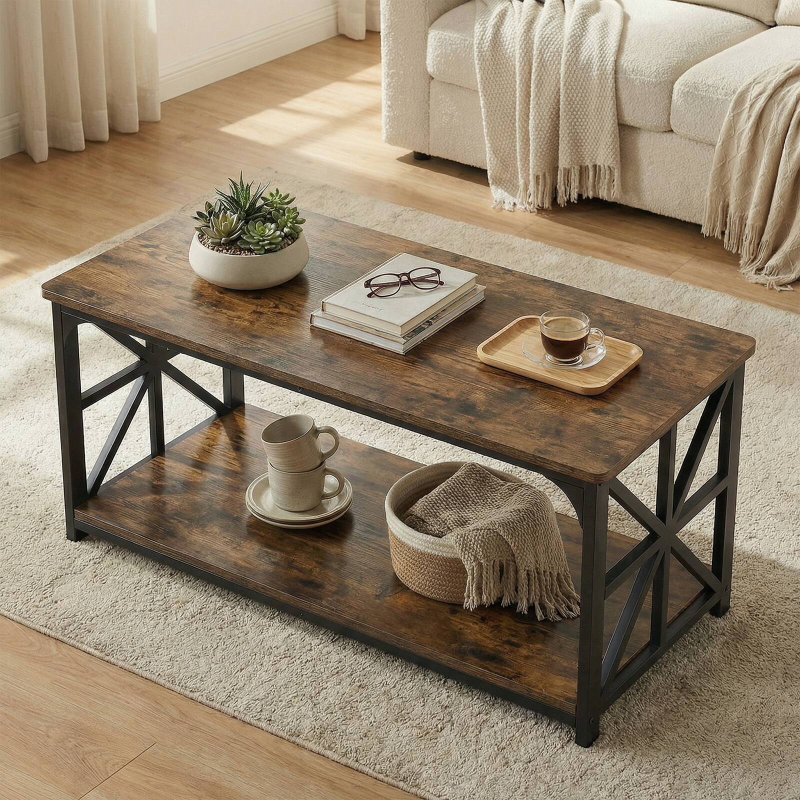 Alt View 5. Costway - Costway 2-Tier Coffee Table, Industrial Accent Table with Dual Star-shaped Metal Frames - Rustic Brown & Black.