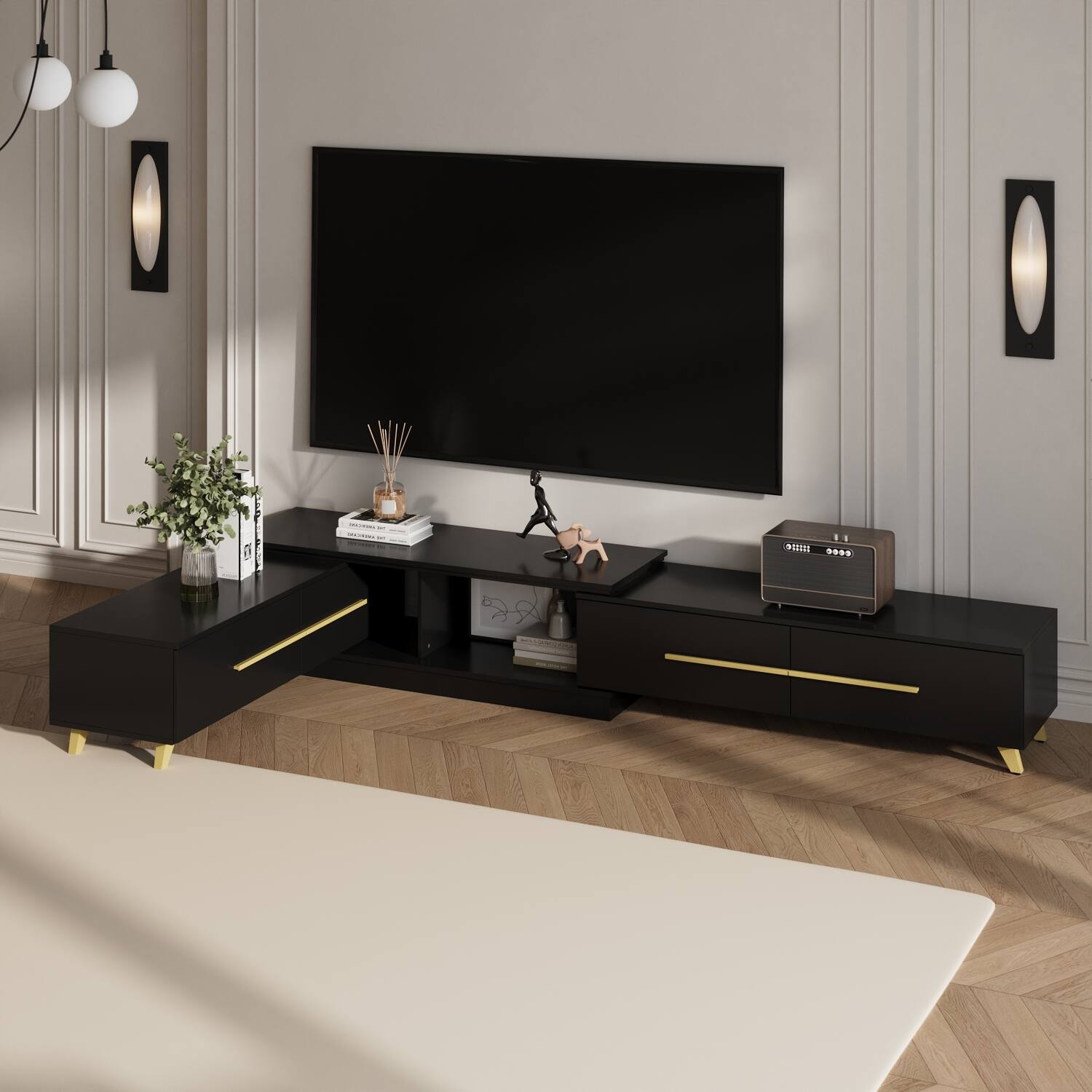 Left. FUFU&GAGA - Extendable TV Stand for 85 Inch TV, 95-133.9" Media Console with Drawers, Modern Luxury Metal Legs - Black.