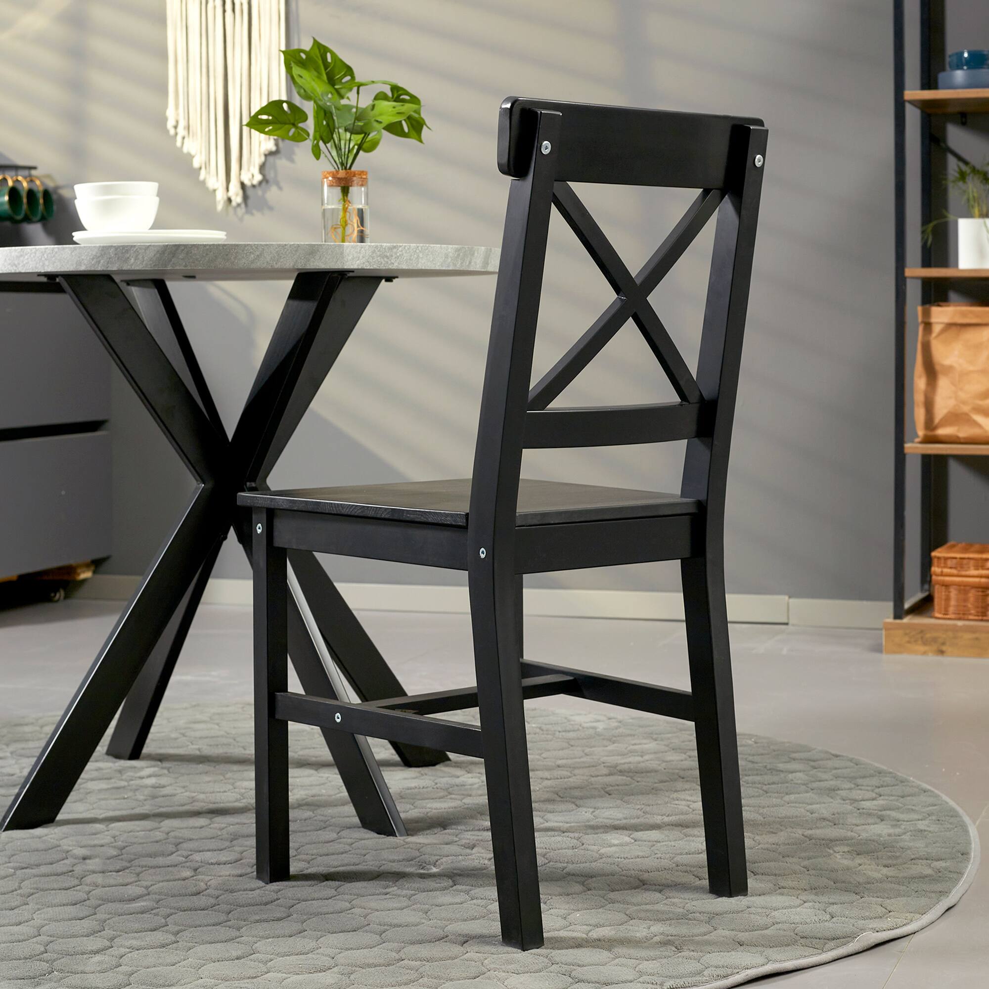 Alt View 7. Homcom - Modern Farmhouse Dining Chairs Set of 2, Wooden Kitchen Chairs with Cross Back for Dining Room - Black.