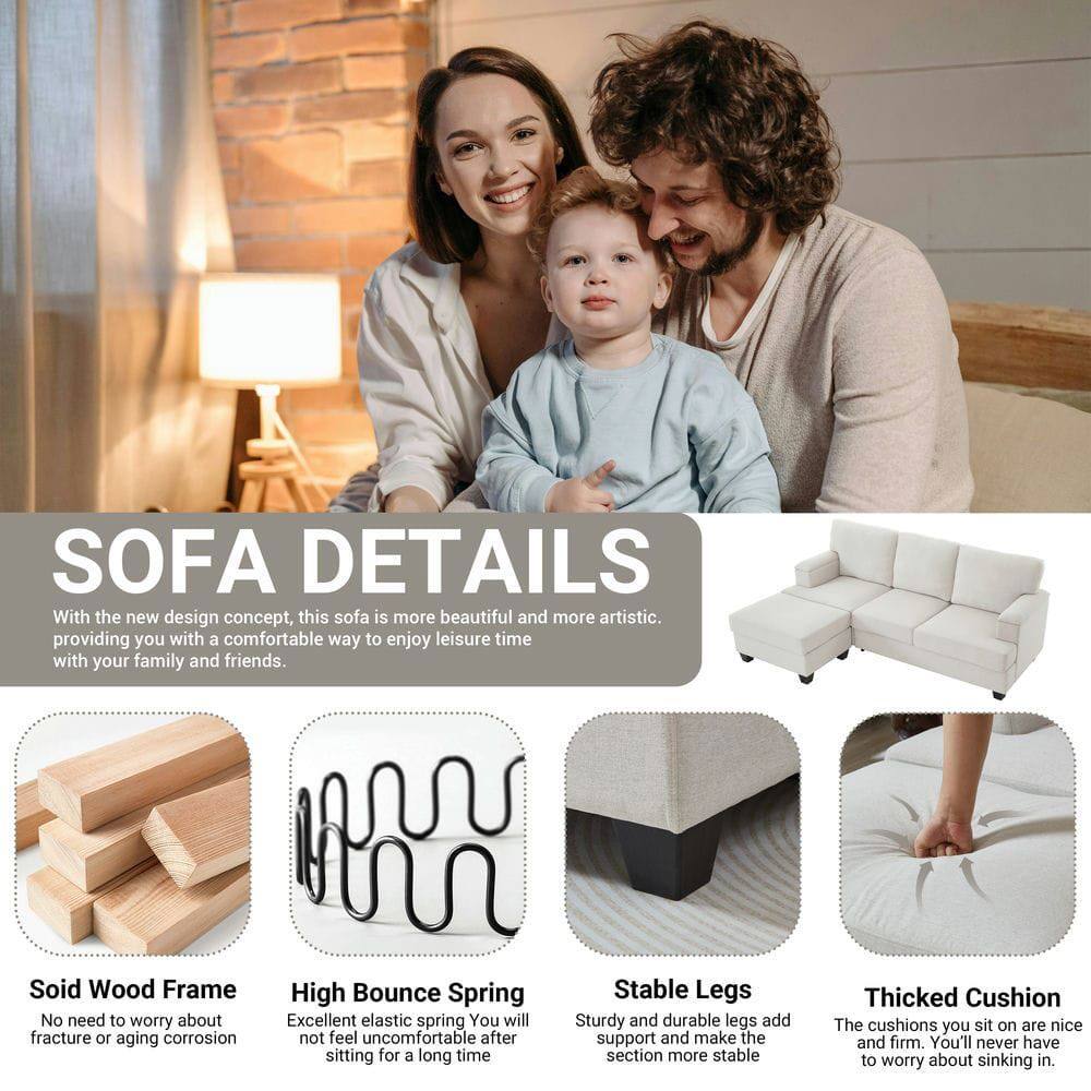 **SOFA DETAILS**

With the new design concept, this sofa is more beautiful and more artistic, providing you with a comfortable way to enjoy leisure time with your family and friends.

- **Solid Wood Frame**  
  No need to worry about fracture or aging corrosion.

- **High Bounce Spring**  
  Excellent elastic spring. You will not feel uncomfortable after sitting for a long time.

- **Stable Legs**  
  Sturdy and durable legs add support and make the section more stable.

- **Thick Cushion**  
  The cushions you sit on are nice and firm. You'll never have to worry about sinking in.