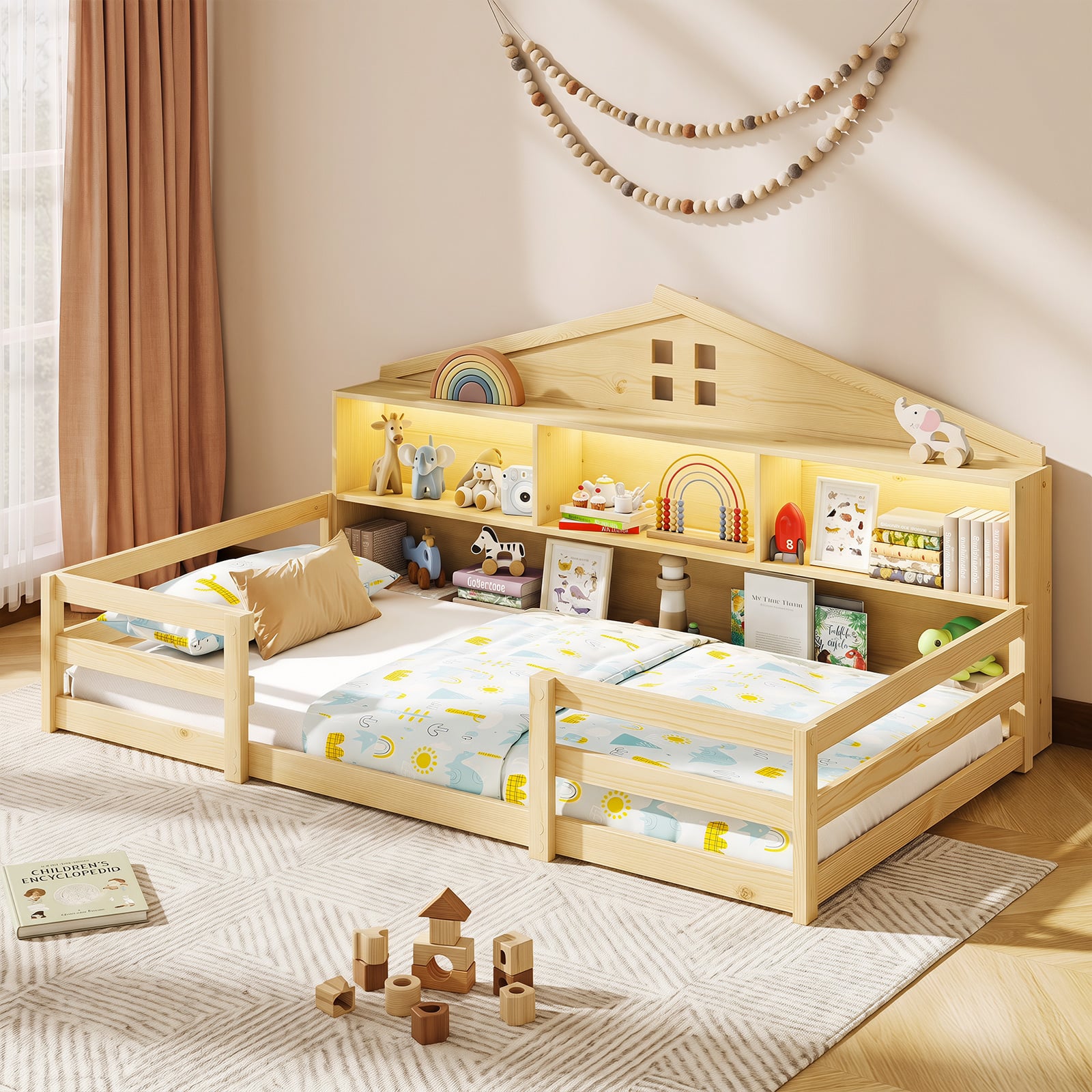 Costway - Twin Size Montessori Floor Bed with LED Lights Safety Guardrails Compartments Shelf - Natural price history on PriceWatchPro