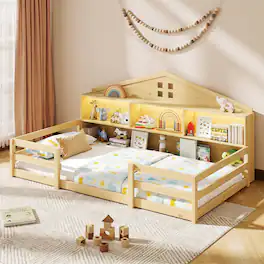 Costway - Twin Size Montessori Floor Bed with LED Lights Safety Guardrails Compartments Shelf - Natural