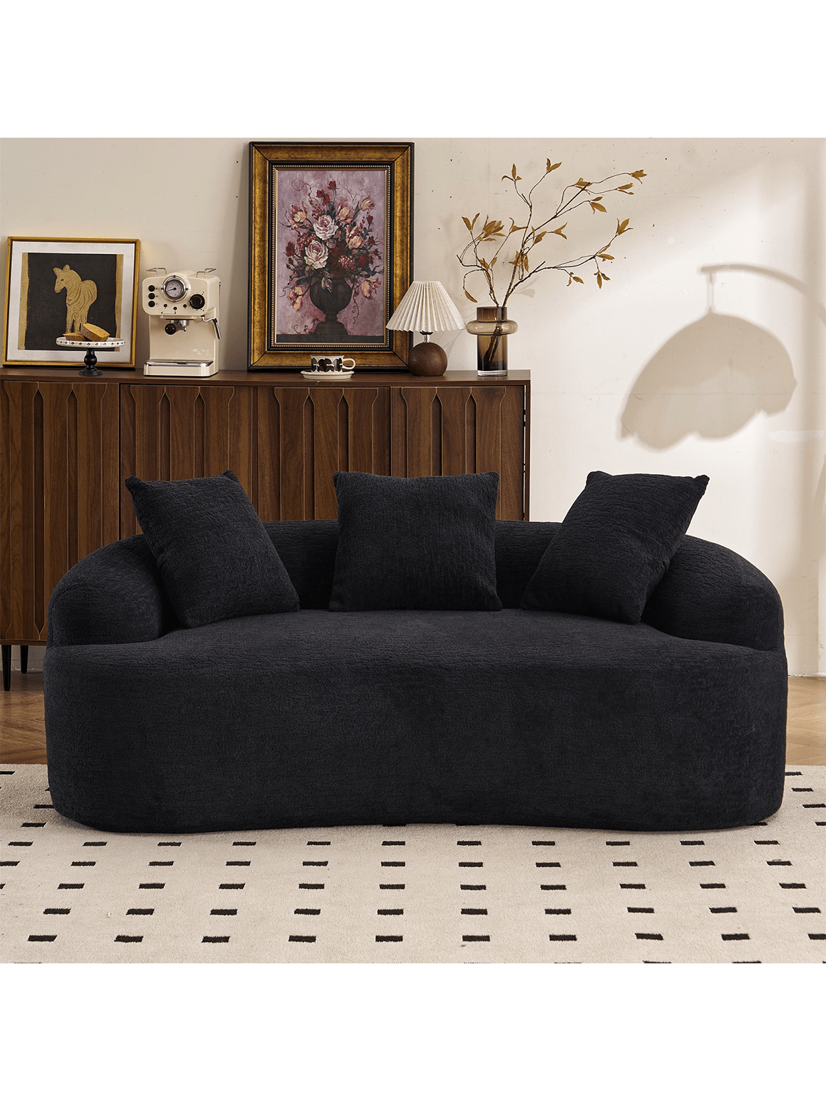 Alt View 1. Trinkets Crazed - 65" Curved Small Loveseat Sofa,Cozy Chenille Upholstered Couch With 3 Pillows,Modern Deep Seat Cloud Couch - Black.