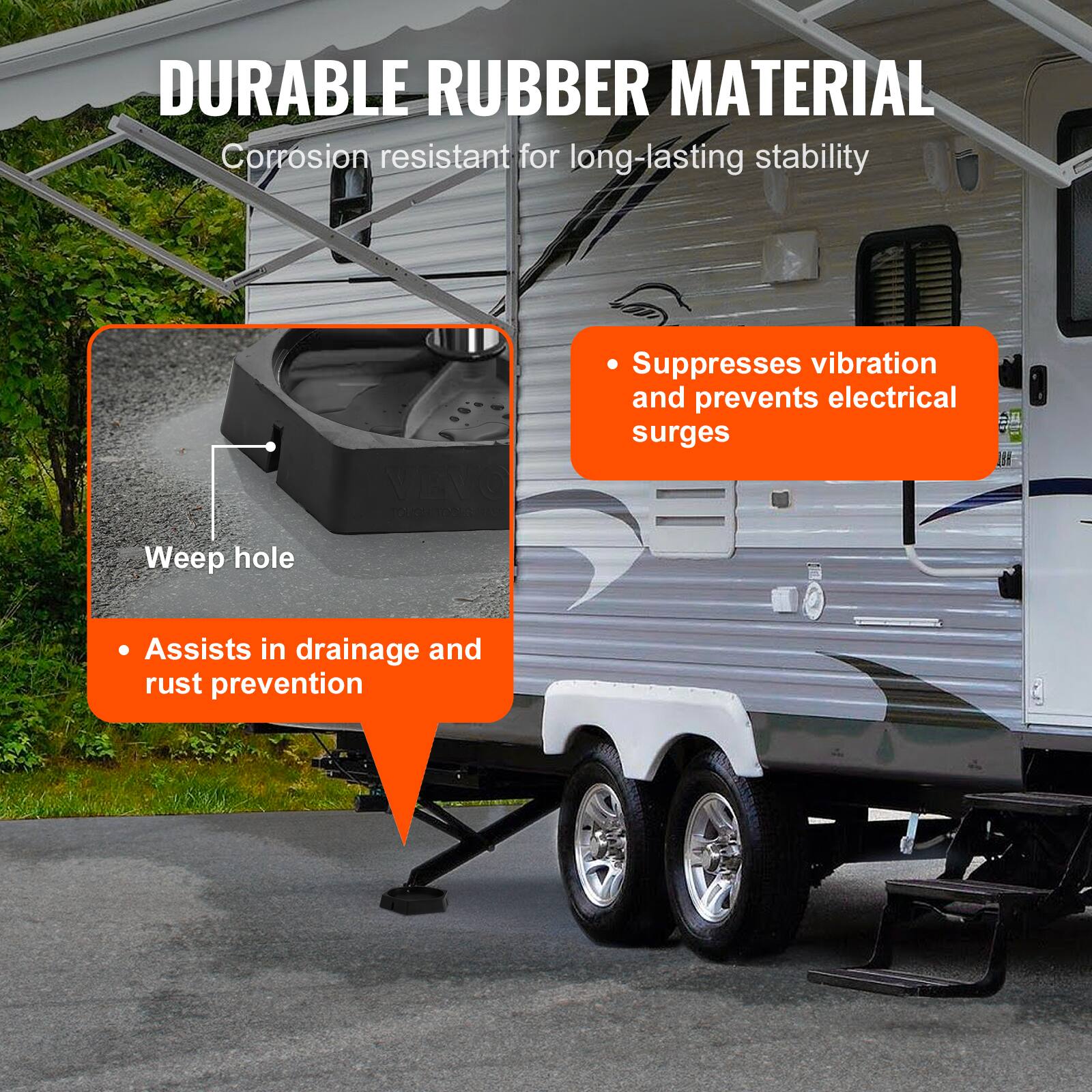 DURABLE RUBBER MATERIAL  
Corrosion resistant for long-lasting stability  

- Suppresses vibration and prevents electrical surges  
- Weep hole assists in drainage and rust prevention