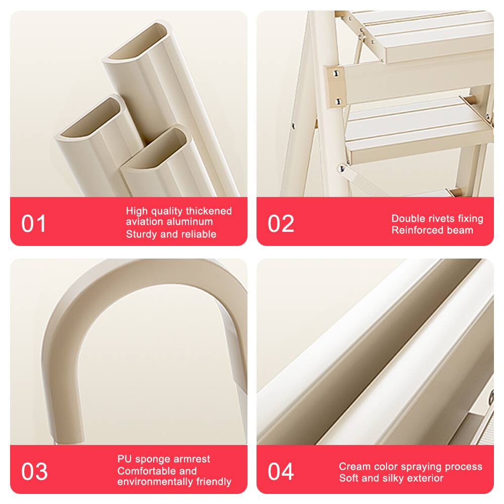 01 High quality thickened aviation aluminum  
Sturdy and reliable  

02 Double rivets fixing  
Reinforced beam  

03 PU sponge armrest  
Comfortable and environmentally friendly  

04 Cream color spraying process  
Soft and silky exterior