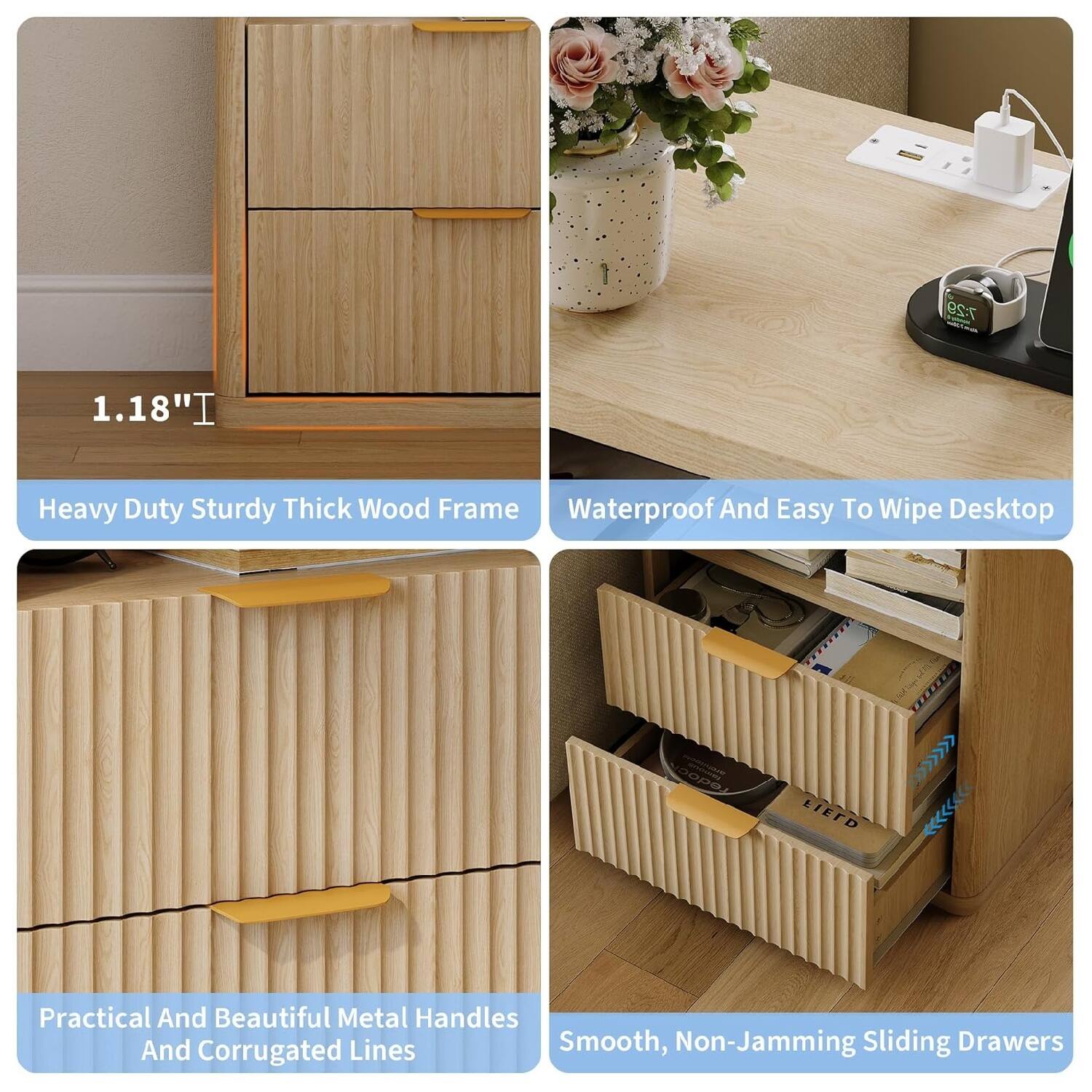 1.18"  
Heavy Duty Sturdy Thick Wood Frame

Waterproof And Easy To Wipe Desktop

Practical And Beautiful Metal Handles And Corrugated Lines

Smooth, Non-Jamming Sliding Drawers