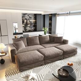 Ropilly - 102.4 Inch Camel 4 Seat Corduroy Sofa with Movable Ottomans Deep Seat Upholstered Sofa - Camel