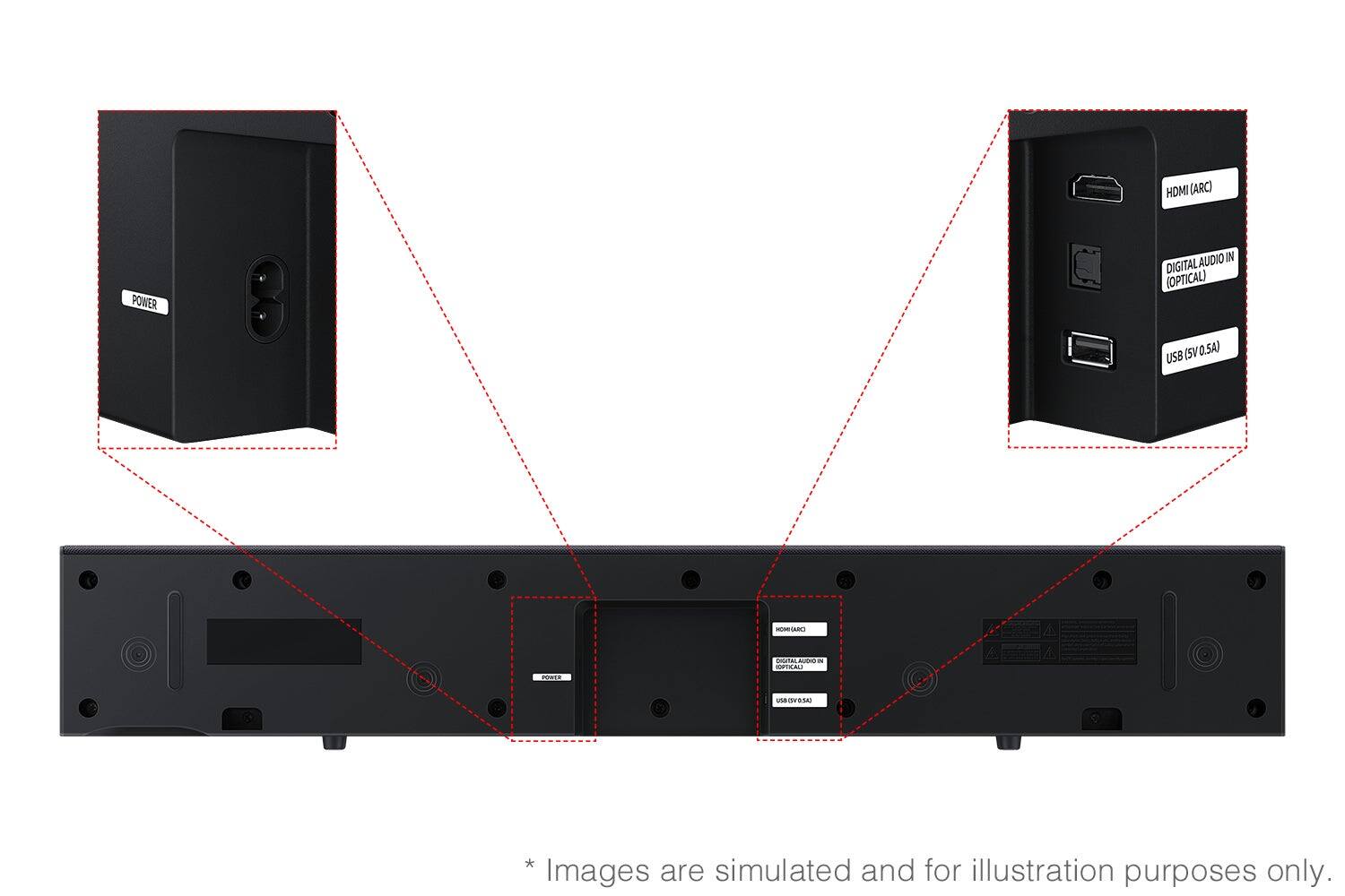 HDMI (ARC) POWER AUDIO IN DIGITAL (OPTICAL) USB (SV 0.5A) - COOPNL AEN NESTIALI - OE use IDESA

* Images are simulated and for illustration purposes only.