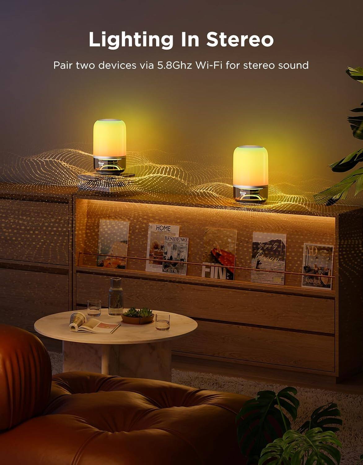 Lighting In Stereo

Pair two devices via 5.8Ghz Wi-Fi for stereo sound