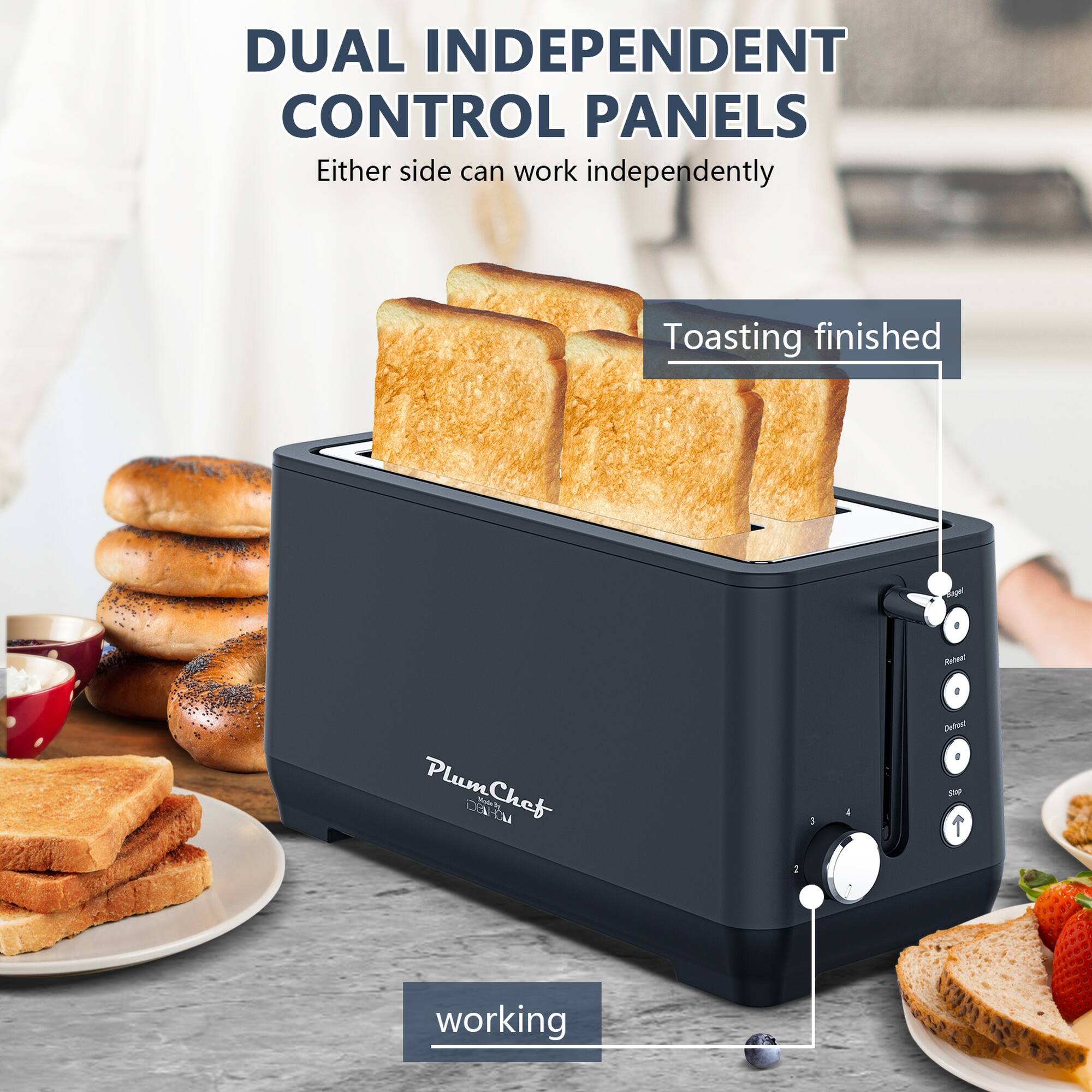 DUAL INDEPENDENT CONTROL PANELS  
Either side can work independently  

Toasting finished  

working