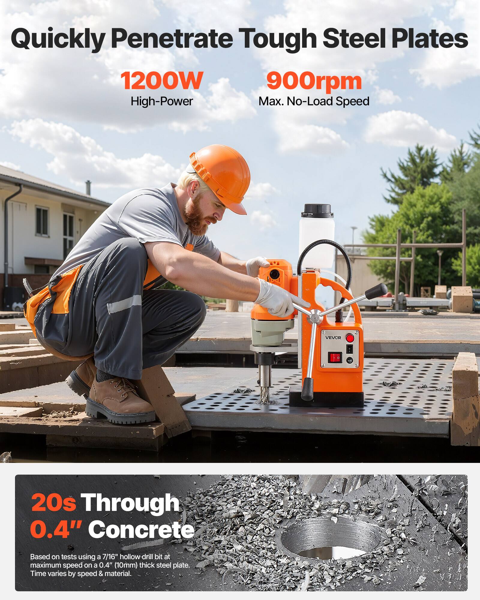 Quickly Penetrate Tough Steel Plates  
1200W High-Power  
900rpm Max. No-Load Speed  

20s Through 0.4" Concrete  
Based on tests using a 7/16" hollow drill bit at maximum speed on a 0.4" (10mm) thick steel plate. Time varies by speed & material.