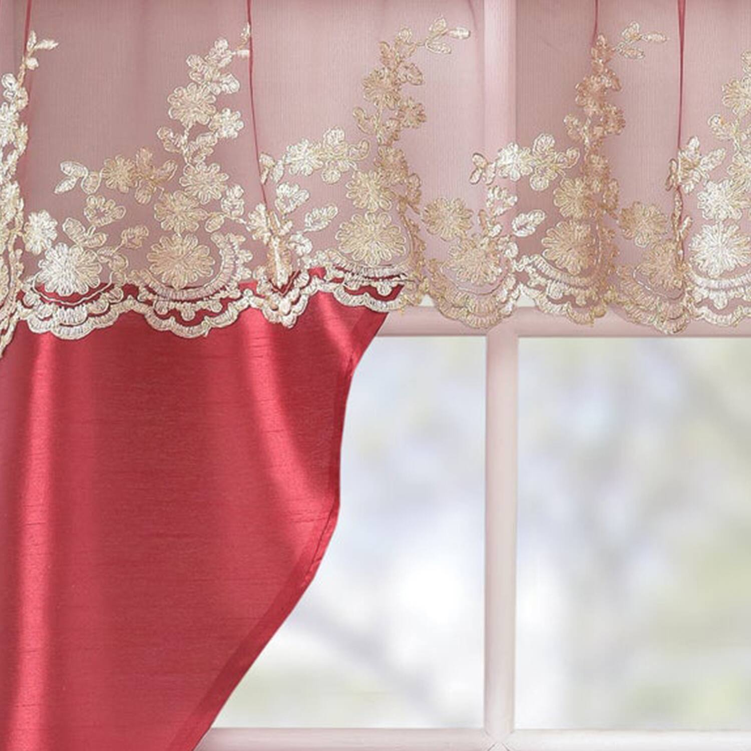 Left. RT Designers Collection - RT Designers Collection Polyester Bethany Embroidered 3 PC Kitchen Curtains Tier & Swag Set 60" x 36" Red - Red.