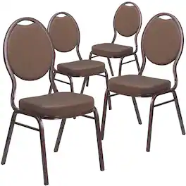 Emma + Oliver - 4 Pack Teardrop Back Stacking Banquet Chair - Brown Patterned Fabric/Copper Vein Frame